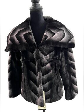 Imperia Furs Black Grey Chevron Designed Sheared Beaver Jacket Size Medium New